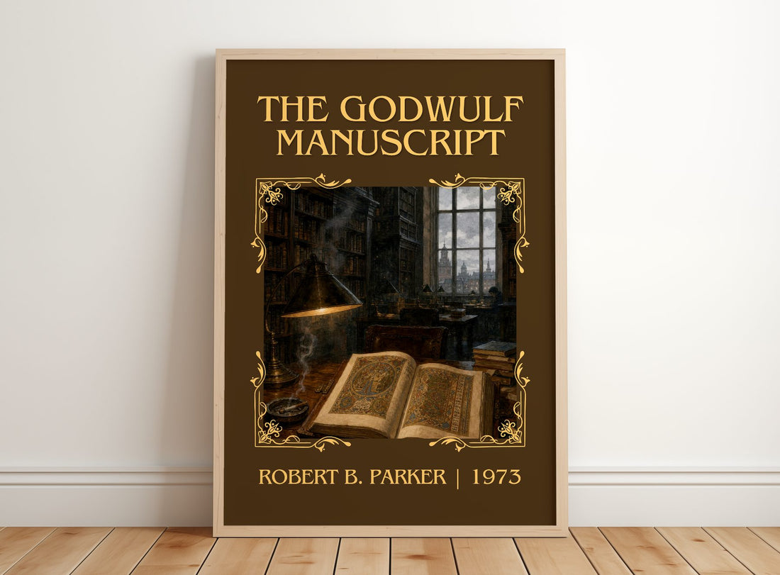 The Godwulf Manuscript Classic Book Art Print by Robert B. Parker – framed print leaning on a wooden floor