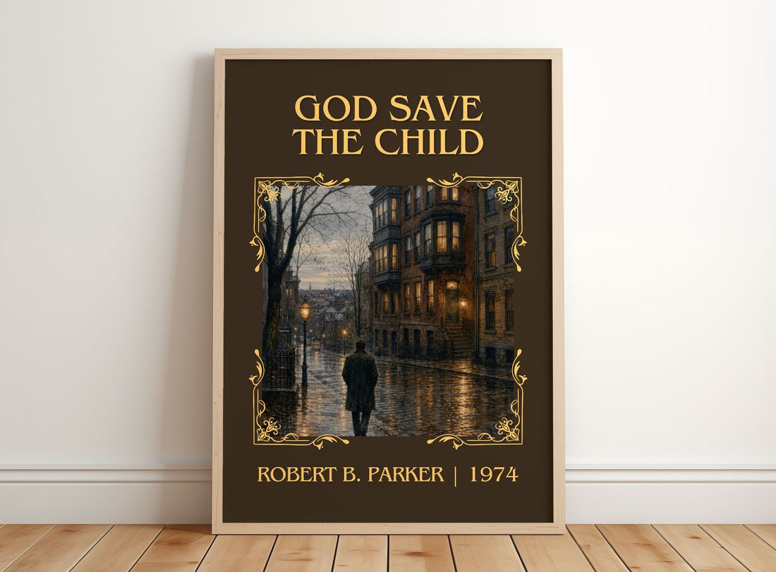 God Save the Child Classic Book Art Print by Robert B. Parker – framed print leaning on a wooden floor
