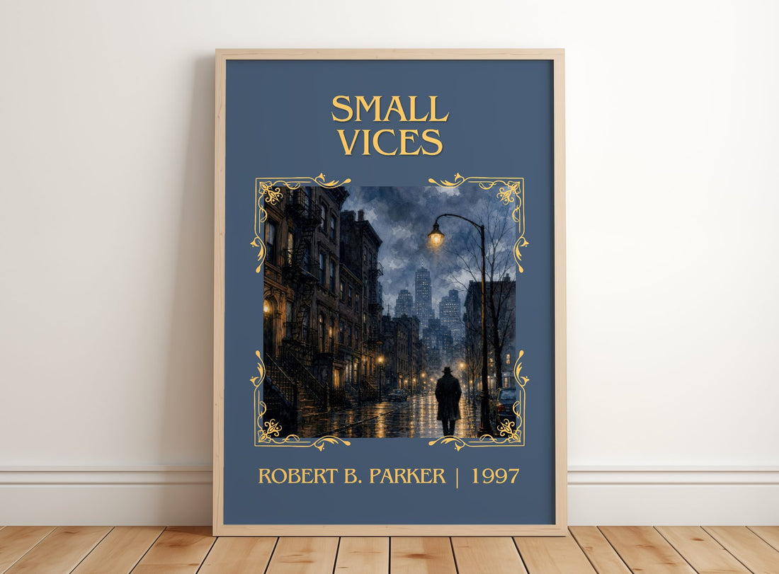 Small Vices Classic Book Art Print by Robert B. Parker – framed print leaning on a wooden floor