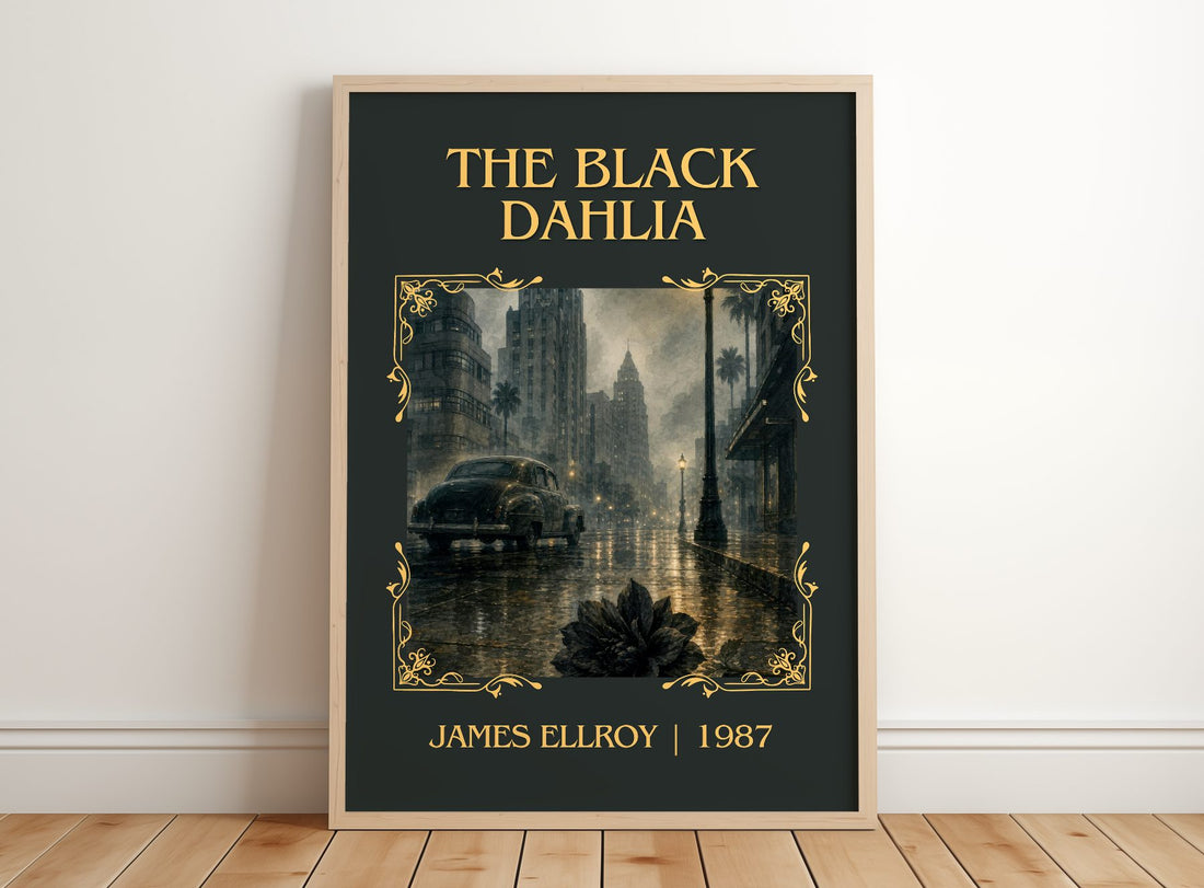 The Black Dahlia Classic Book Art Print by James Ellroy – framed print leaning on a wooden floor