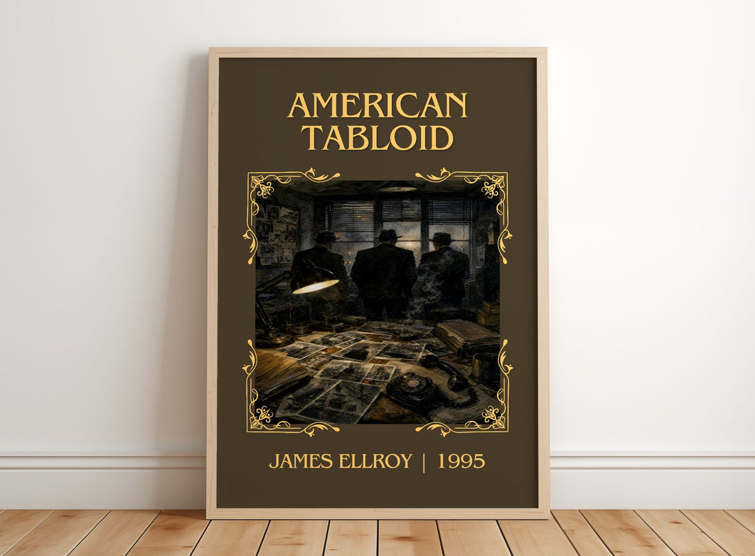 American Tabloid Classic Book Art Print by James Ellroy – framed print leaning on a wooden floor
