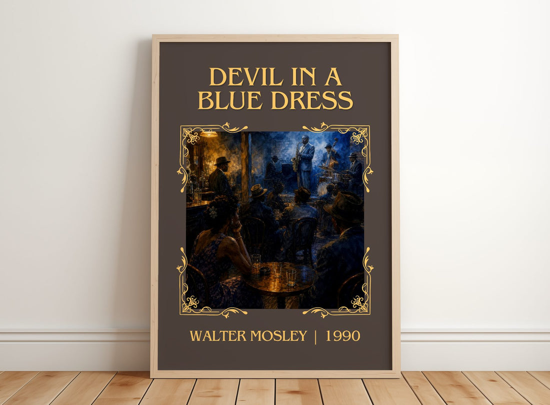 Devil in a Blue Dress Classic Book Art Print by Walter Mosley – framed print leaning on a wooden floor
