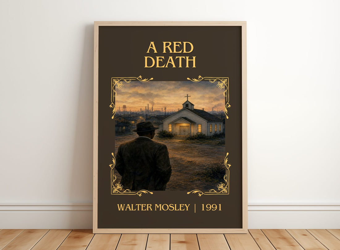 A Red Death Classic Book Art Print by Walter Mosley – framed print leaning on a wooden floor