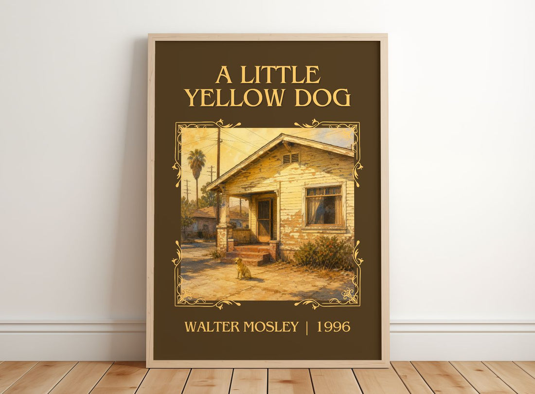 A Little Yellow Dog Classic Book Art Print by Walter Mosley – framed print leaning on a wooden floor