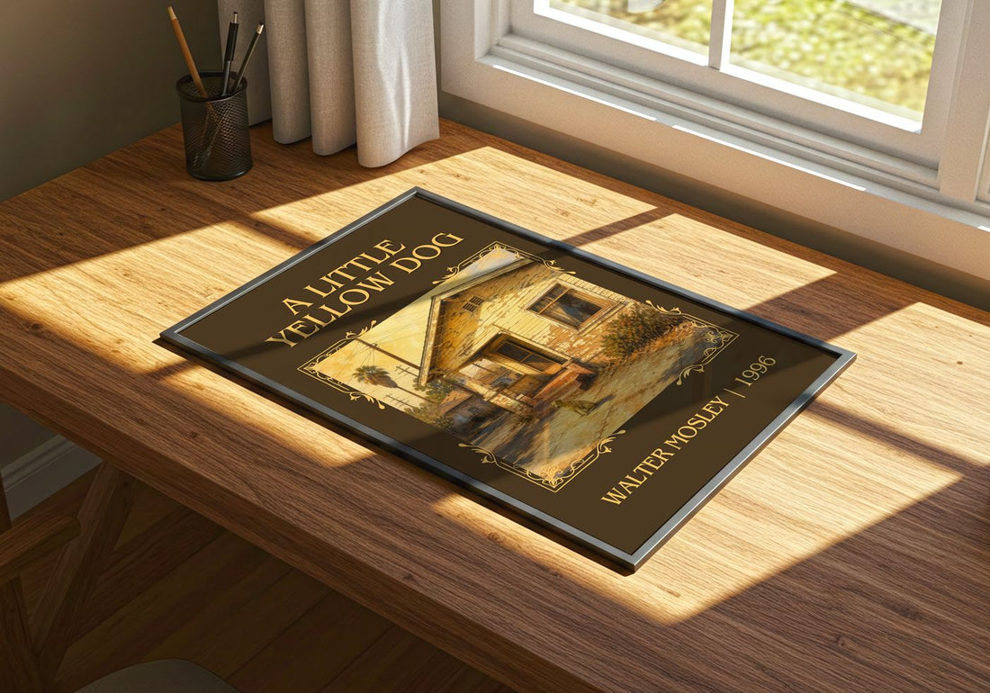 A Little Yellow Dog Classic Book Art Print by Walter Mosley – print on a sunlit desk