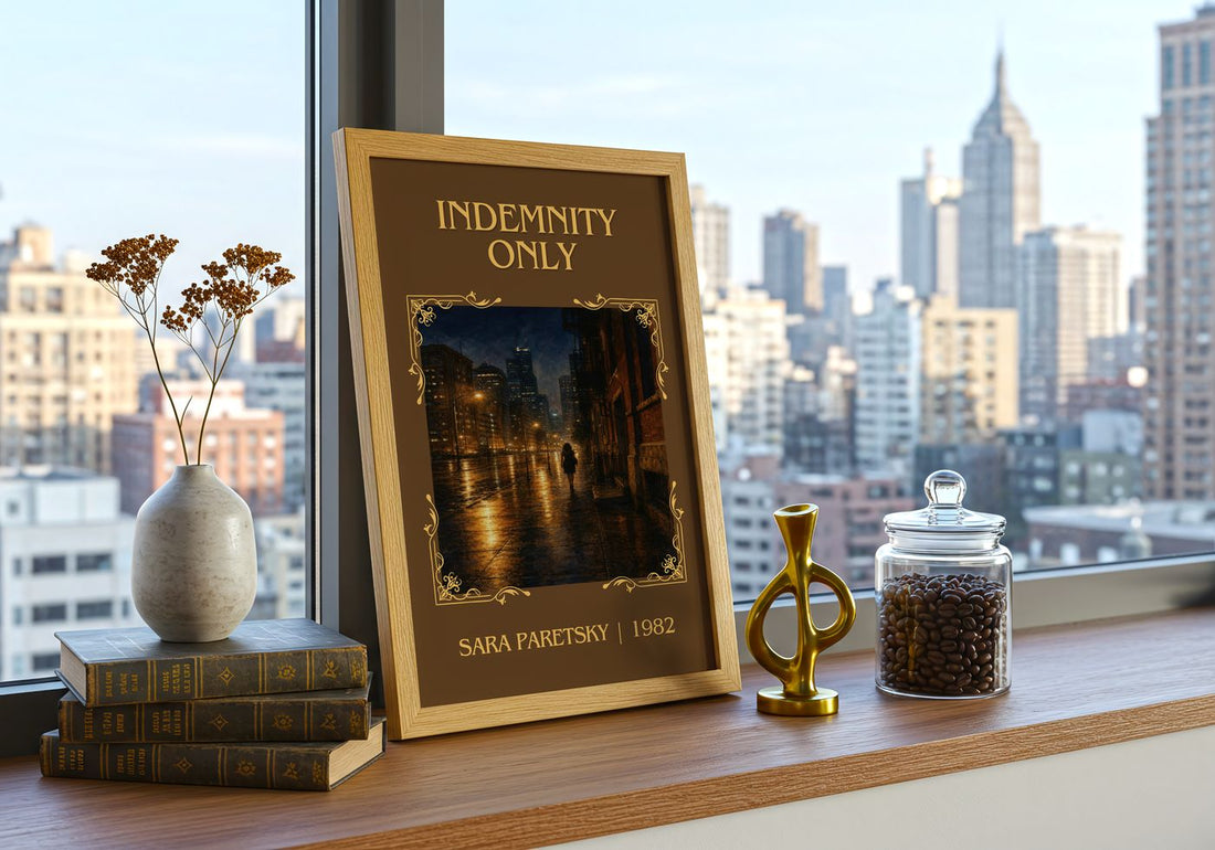 Indemnity Only Classic Book Art Print by Sara Paretsky – framed print on a city-view windowsill
