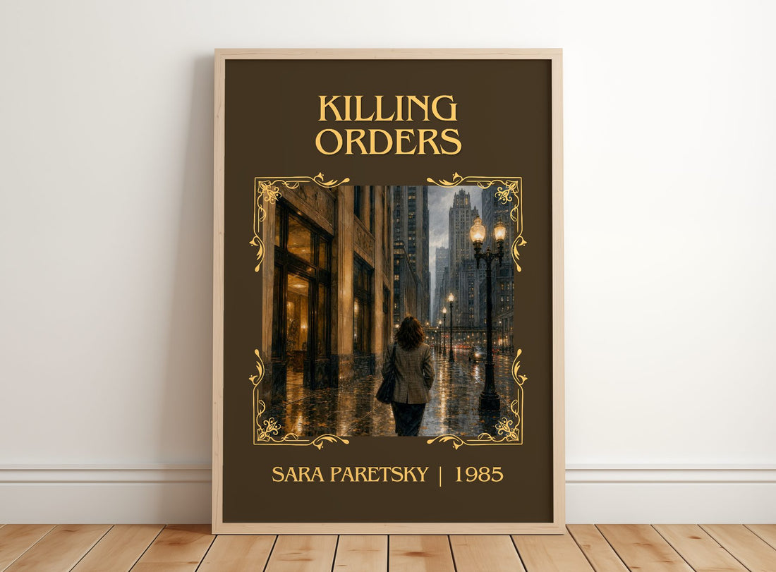 Killing Orders Classic Book Art Print by Sara Paretsky – framed print leaning on a wooden floor