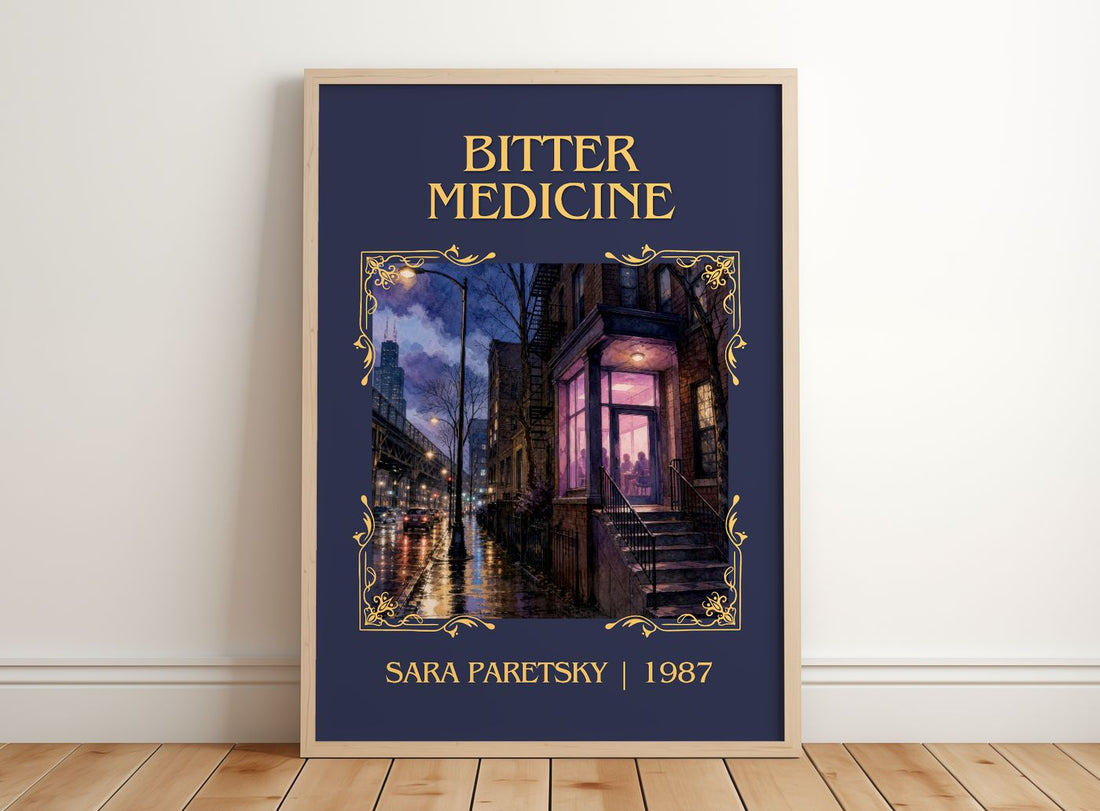 Bitter Medicine Classic Book Art Print by Sara Paretsky – framed print leaning on a wooden floor