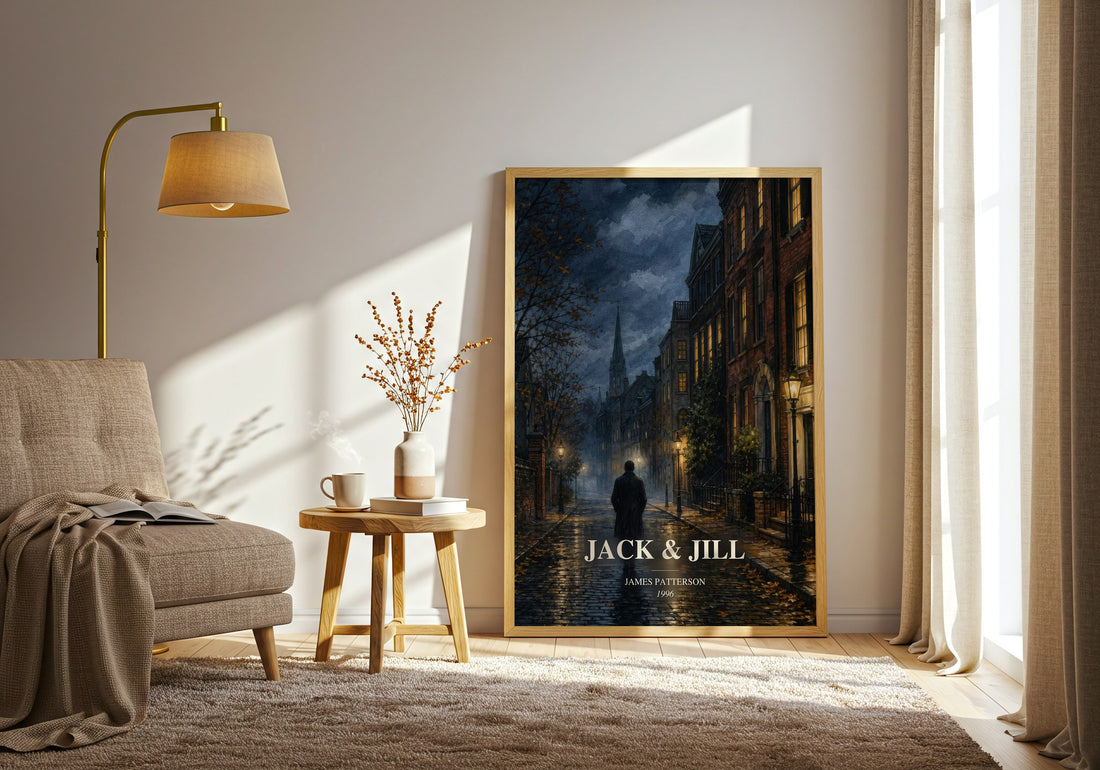Jack & Jill watercolour print in frame leaning in hallway – thriller wall art (mockup)
