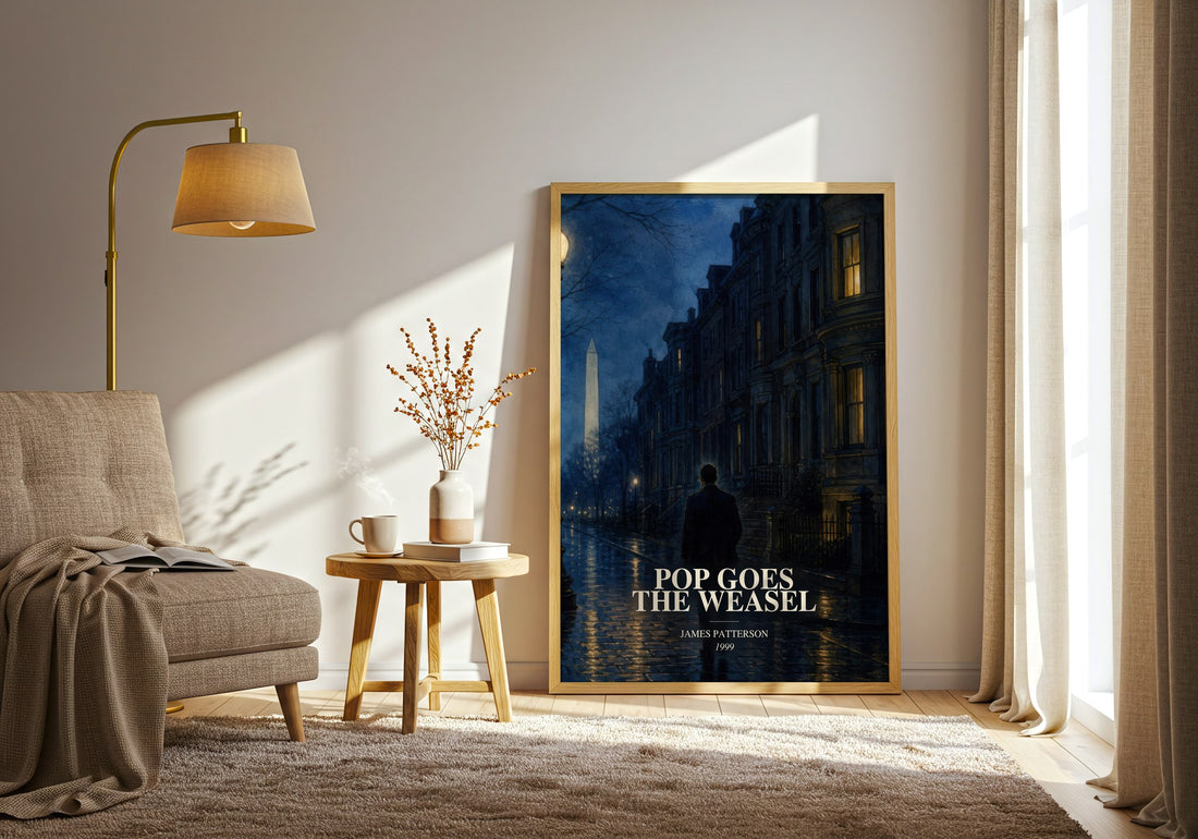 Pop Goes The Weasel watercolour print in frame leaning in hallway – thriller wall art (mockup)