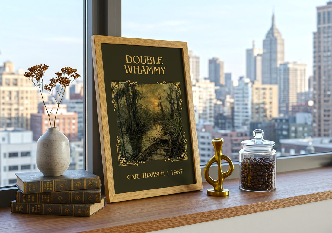 Double Whammy Classic Book Art Print by Carl Hiaasen – framed print on a city-view windowsill