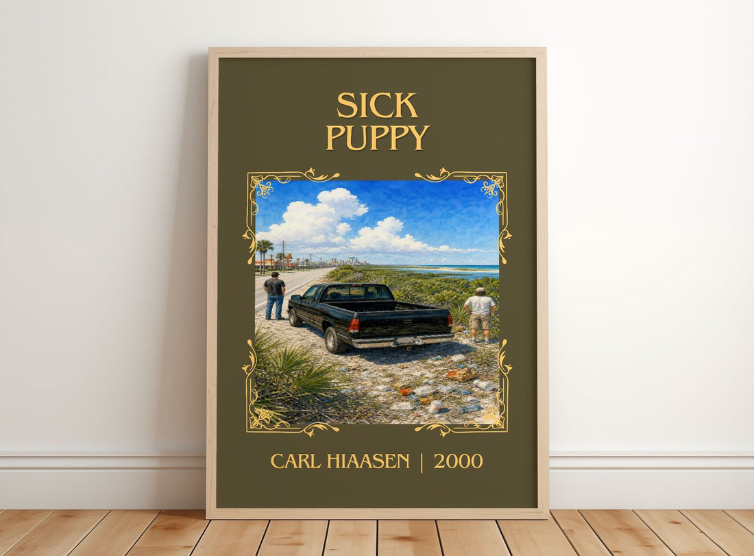 Sick Puppy Classic Book Art Print by Carl Hiaasen – framed print leaning on a wooden floor