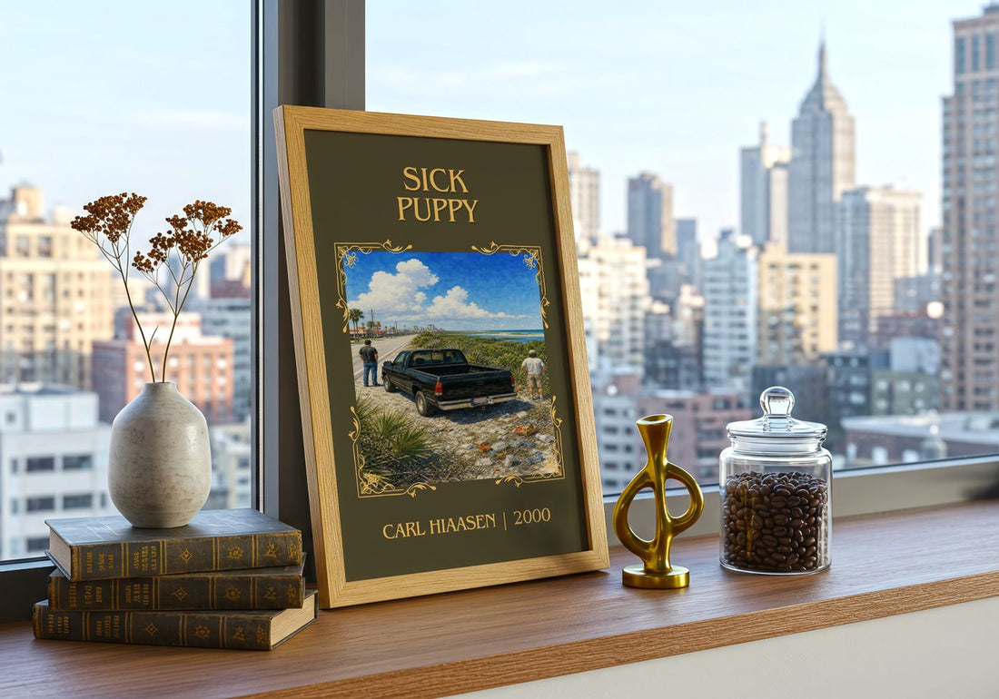 Sick Puppy Classic Book Art Print by Carl Hiaasen – framed print on a city-view windowsill