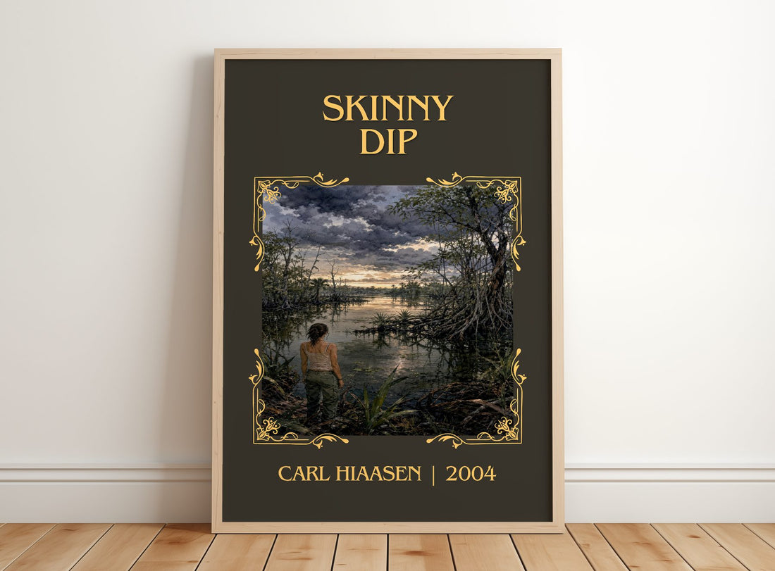 Skinny Dip Classic Book Art Print by Carl Hiaasen – framed print leaning on a wooden floor
