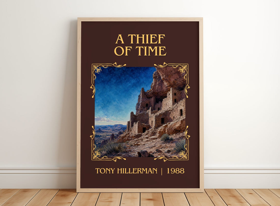 A Thief of Time Classic Book Art Print by Tony Hillerman – framed print leaning on a wooden floor