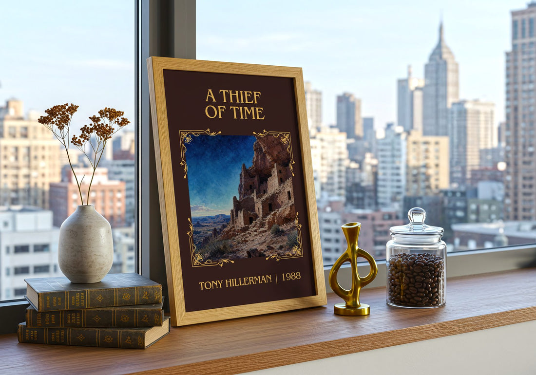 A Thief of Time Classic Book Art Print by Tony Hillerman – framed print on a city-view windowsill