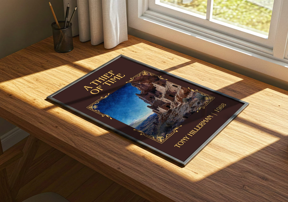 A Thief of Time Classic Book Art Print by Tony Hillerman – print on a sunlit desk