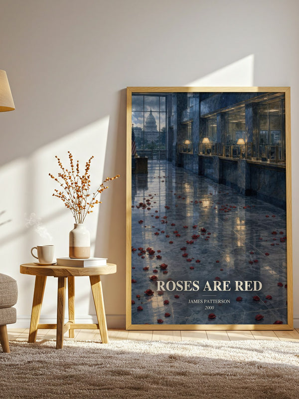 Roses Are Red watercolour print in frame leaning in hallway – thriller wall art