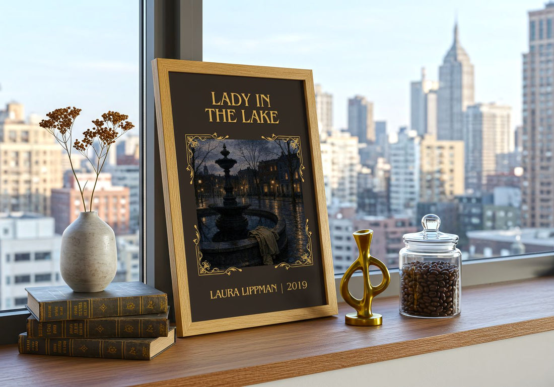 Lady in the Lake Classic Book Art Print by Laura Lippman – framed print on a city-view windowsill