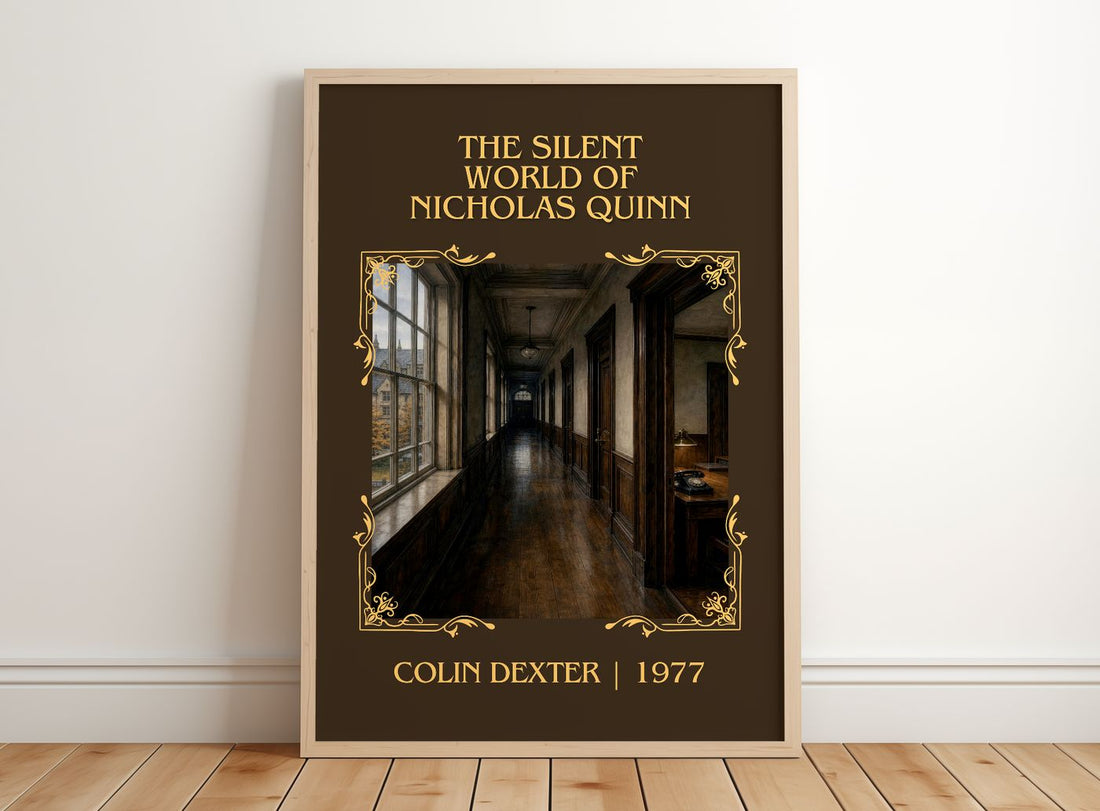 Silent World of Nicholas Quinn Classic Book Art Print by Colin Dexter – framed print leaning on a wooden floor