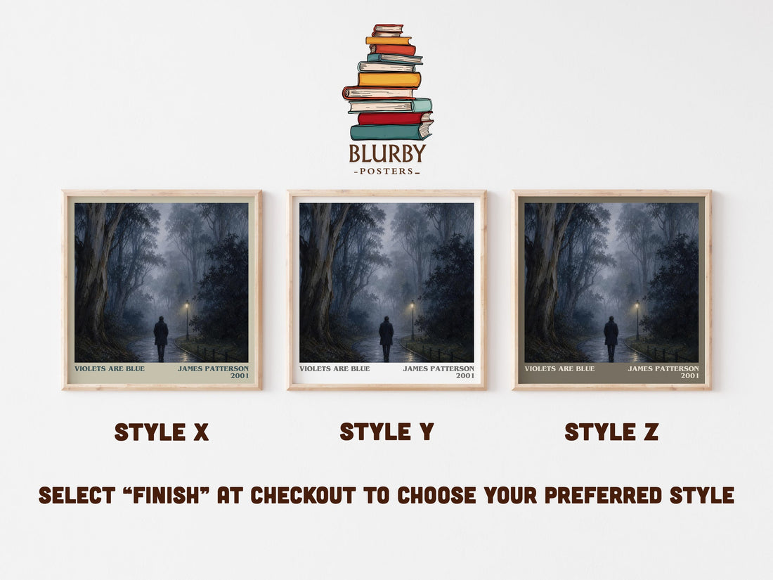 Violets Are Blue literary print in frame leaning in hallway – thriller wall art (mockup)
