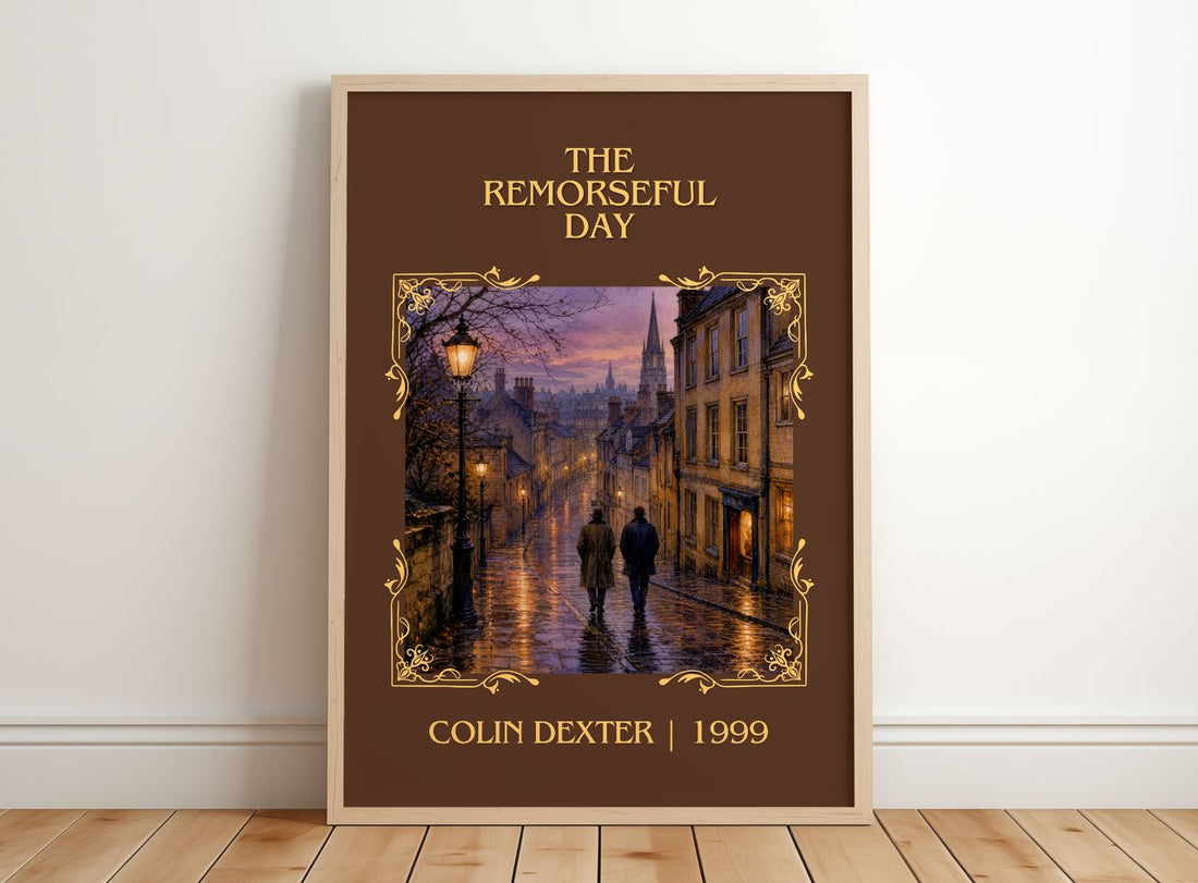 The Remorseful Day Classic Book Art Print by Colin Dexter – framed print leaning on a wooden floor