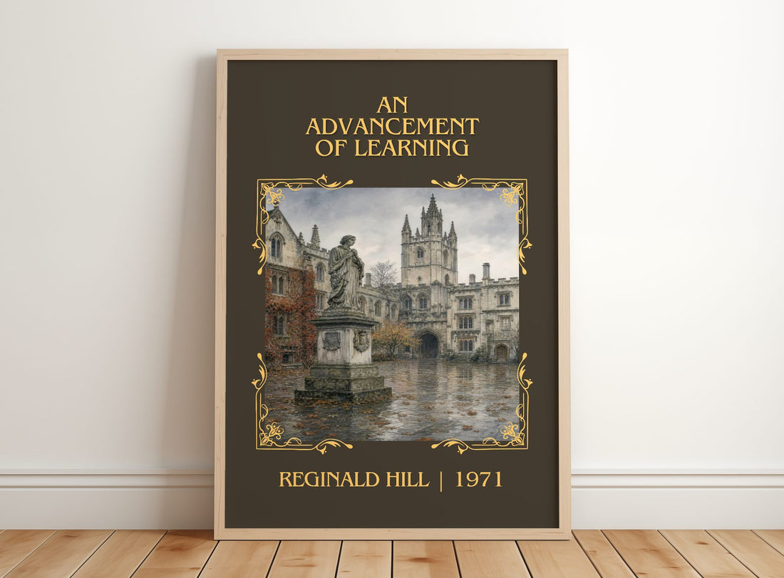An Advancement of Learning Classic Book Art Print by Reginald Hill – framed print leaning on a wooden floor