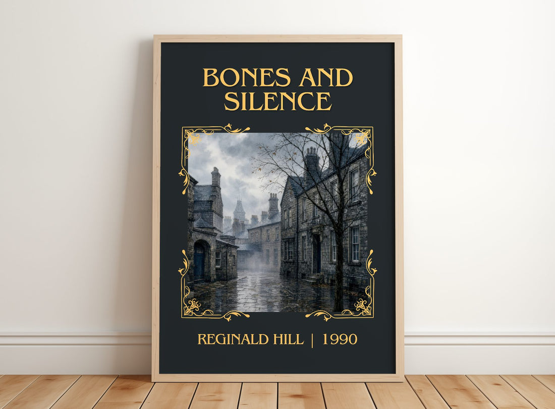 Bones and Silence Classic Book Art Print by Reginald Hill – framed print leaning on a wooden floor