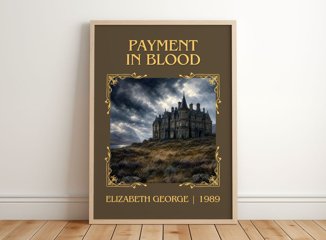 Payment in Blood Classic Book Art Print by Elizabeth George – framed print leaning on a wooden floor