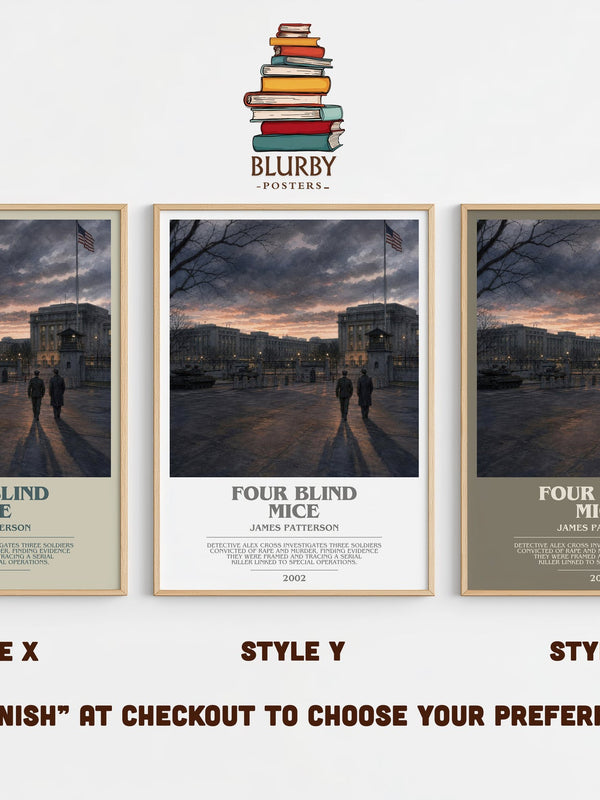 Four Blind Mice bookish print in frame leaning in hallway – thriller wall art