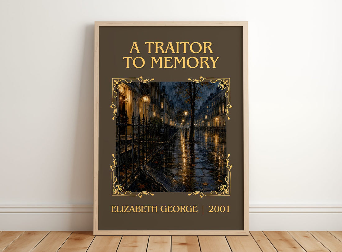 A Traitor to Memory Classic Book Art Print by Elizabeth George – framed print leaning on a wooden floor