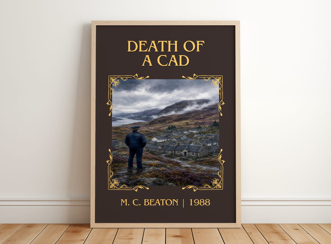 Death of a Cad Classic Book Art Print by M. C. Beaton – framed print leaning on a wooden floor