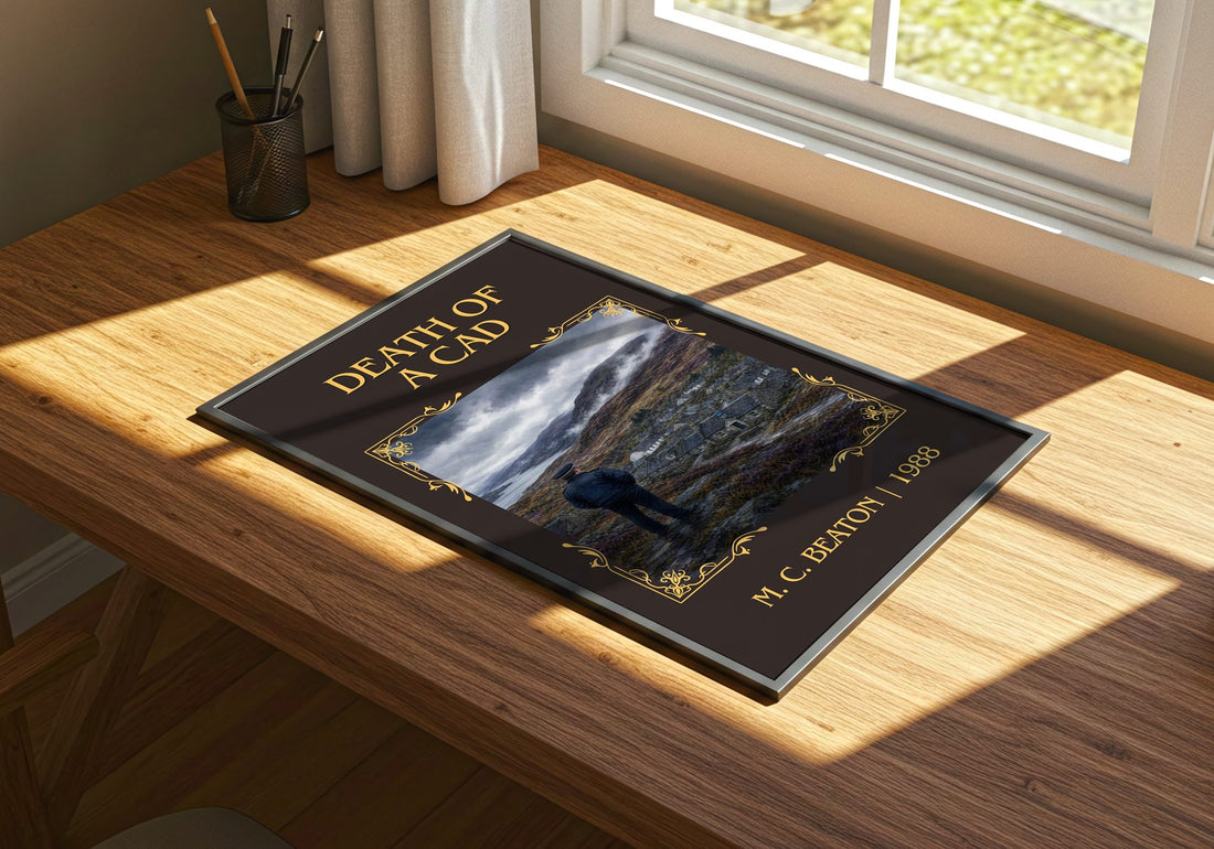 Death of a Cad Classic Book Art Print by M. C. Beaton – print on a sunlit desk