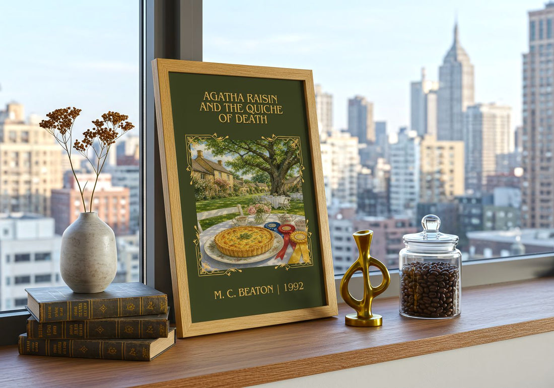 Agatha Raisin and the Quiche of Death Classic Book Art Print by M. C. Beaton – framed print on a city-view windowsill