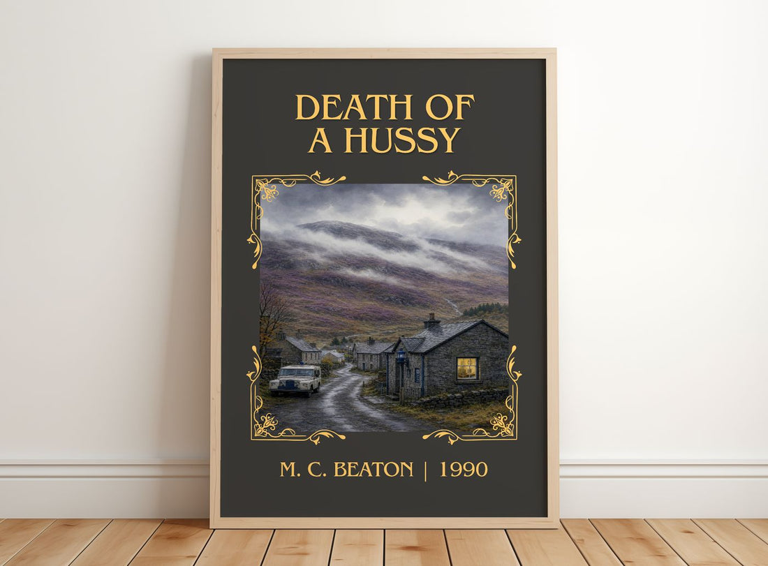 Death of a Hussy Classic Book Art Print by M. C. Beaton – framed print leaning on a wooden floor