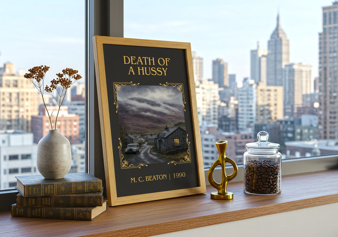 Death of a Hussy Classic Book Art Print by M. C. Beaton – framed print on a city-view windowsill
