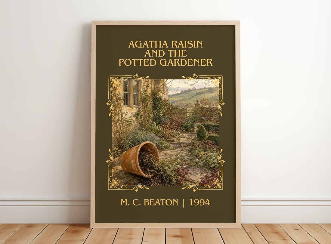 Agatha Raisin and the Potted Gardener Classic Book Art Print by M. C. Beaton – framed print leaning on a wooden floor