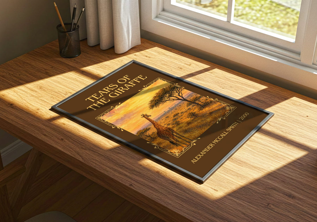Tears of the Giraffe Classic Book Art Print by Alexander McCall Smith – print on a sunlit desk