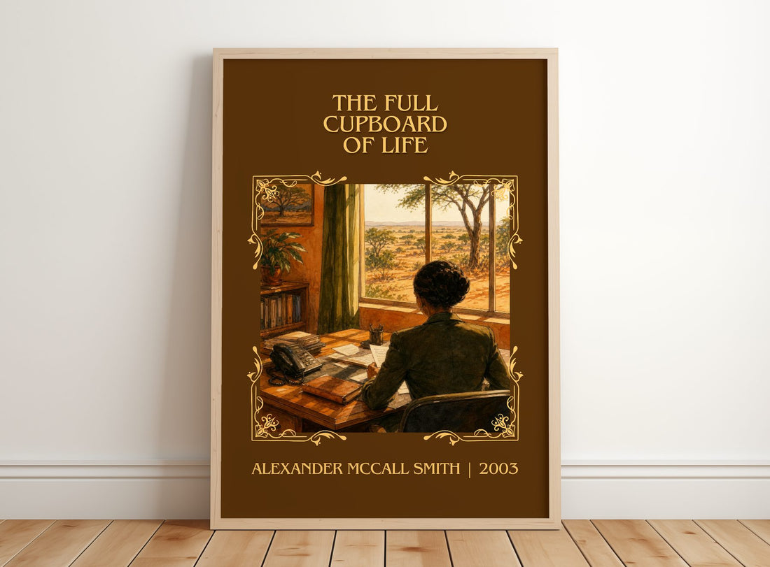 Full Cupboard of Life Classic Book Art Print by Alexander McCall Smith – framed print leaning on a wooden floor