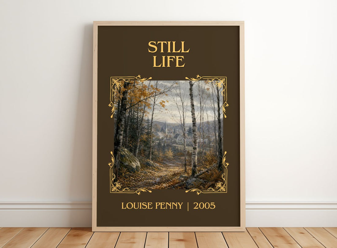 Still Life Classic Book Art Print by Louise Penny – framed print leaning on a wooden floor