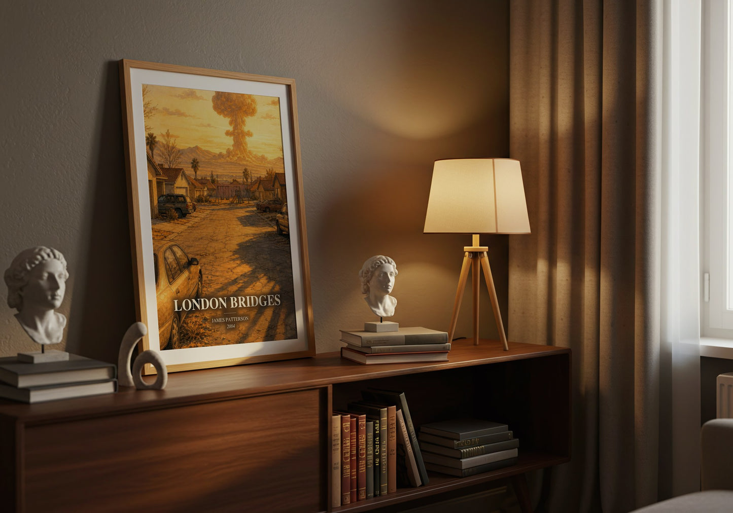 London Bridges watercolour print on bookshelf – James Patterson fan gift
