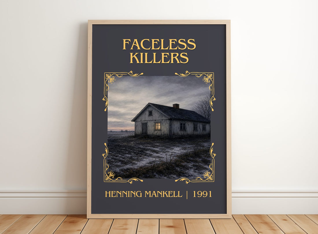 Faceless Killers Classic Book Art Print by Henning Mankell – framed print leaning on a wooden floor