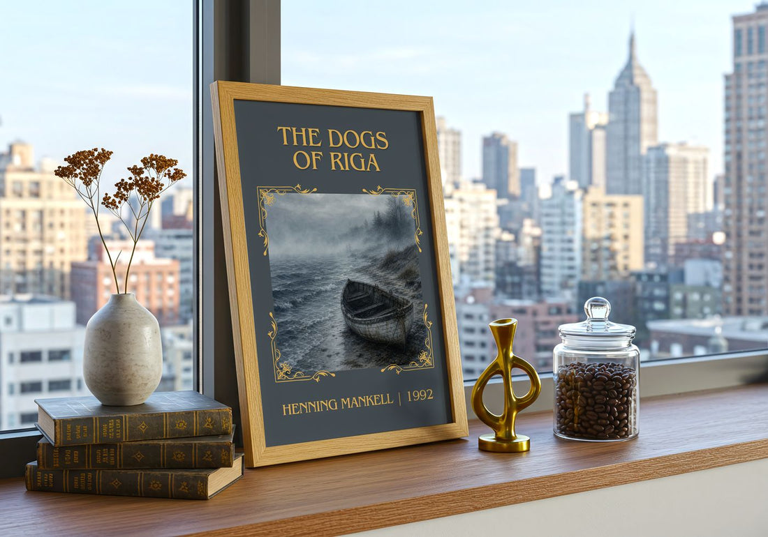 The Dogs of Riga Classic Book Art Print by Henning Mankell – framed print on a city-view windowsill