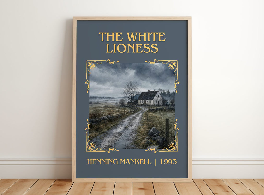 The White Lioness Classic Book Art Print by Henning Mankell – framed print leaning on a wooden floor