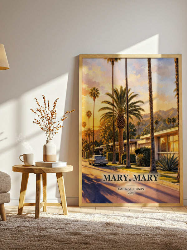Mary, Mary watercolour print in frame leaning in hallway – thriller wall art