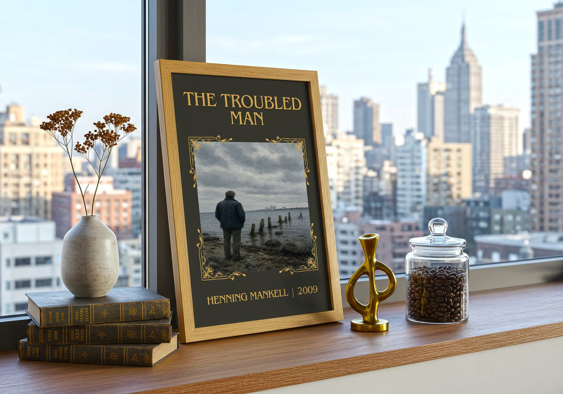 The Troubled Man Classic Book Art Print by Henning Mankell – framed print on a city-view windowsill