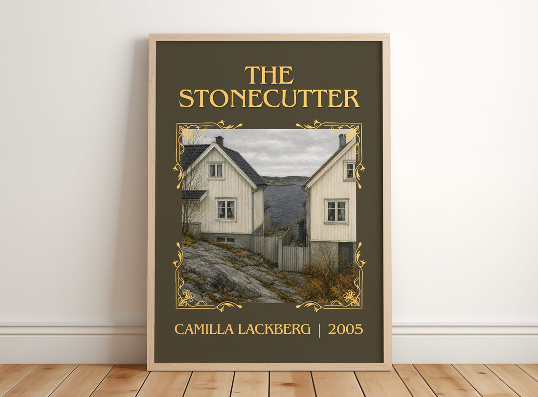 The Stonecutter Classic Book Art Print by Camilla Läckberg – framed print leaning on a wooden floor