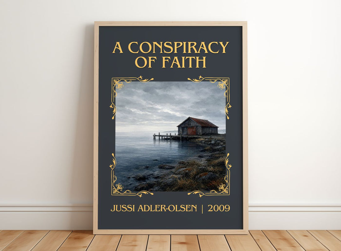 A Conspiracy of Faith Classic Book Art Print by Jussi Adler-Olsen – framed print leaning on a wooden floor
