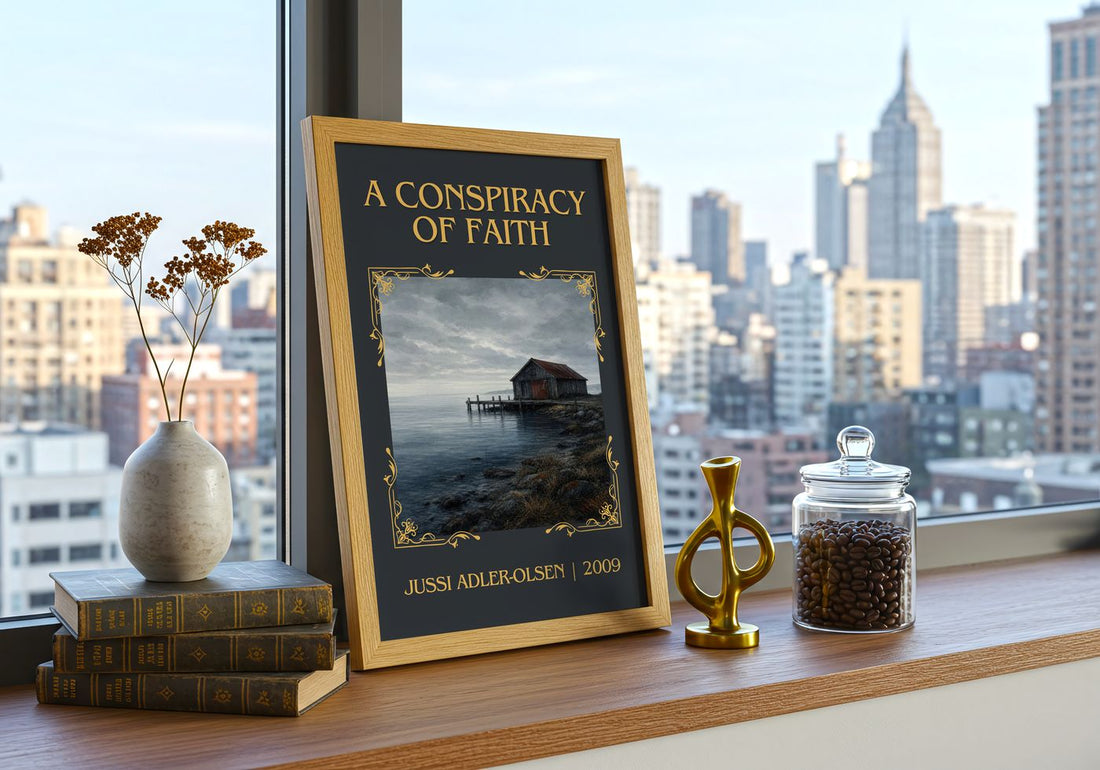 A Conspiracy of Faith Classic Book Art Print by Jussi Adler-Olsen – framed print on a city-view windowsill