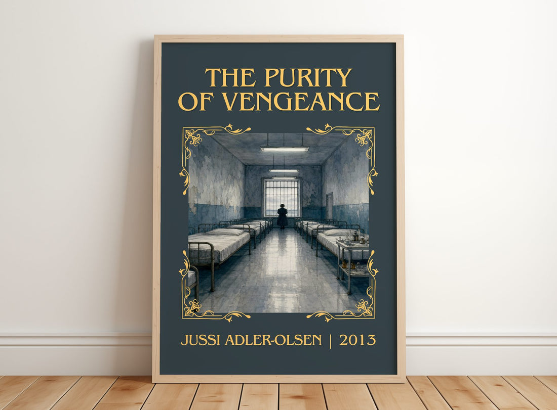 The Purity of Vengeance Classic Book Art Print by Jussi Adler-Olsen – framed print leaning on a wooden floor